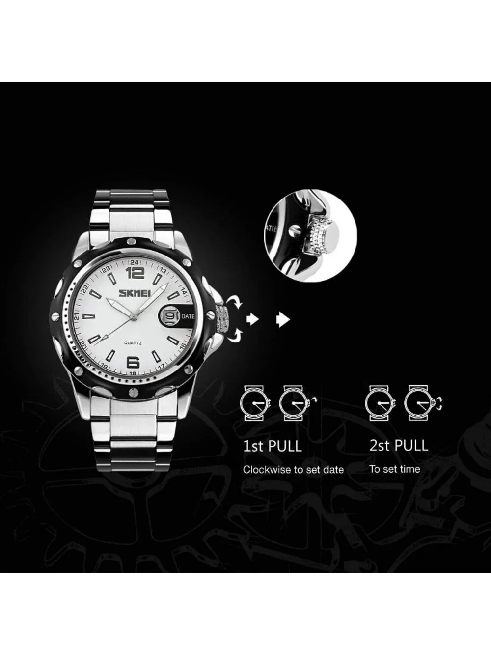 Men's Silver White Analog Quartz Stainless Steel Waterproof Luxury Wrist Watch